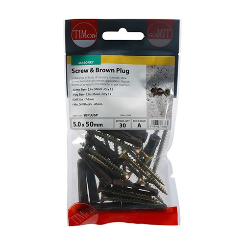 TIMCO Brown Plastic Plugs with Screws 35mm Brown Plug, 5.0x50 Screw (15 Pack)