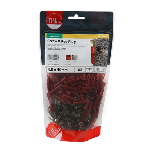 TIMCO Red Plastic Plugs with Screws 30mm Red Plug, 4.0 x 40mm Screw (200)