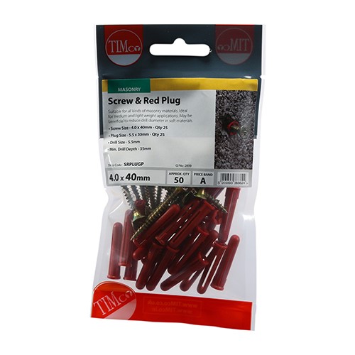 TIMCO Red Plastic Plugs with Screws 30mm Red Plug, 4.0x40 Screw (25 Pack)