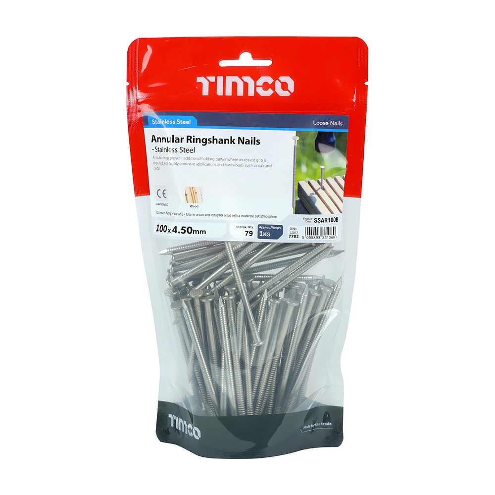 TIMCO Annular Ringshank Nails - Stainless Steel, 100 x 4.50mm (1kg): Engineered with annular rings for enhanced grip and holding power. Crafted from A2 Stainless Steel for superior corrosion resistance, ideal for external applications and corrosive environments, such as green oak.