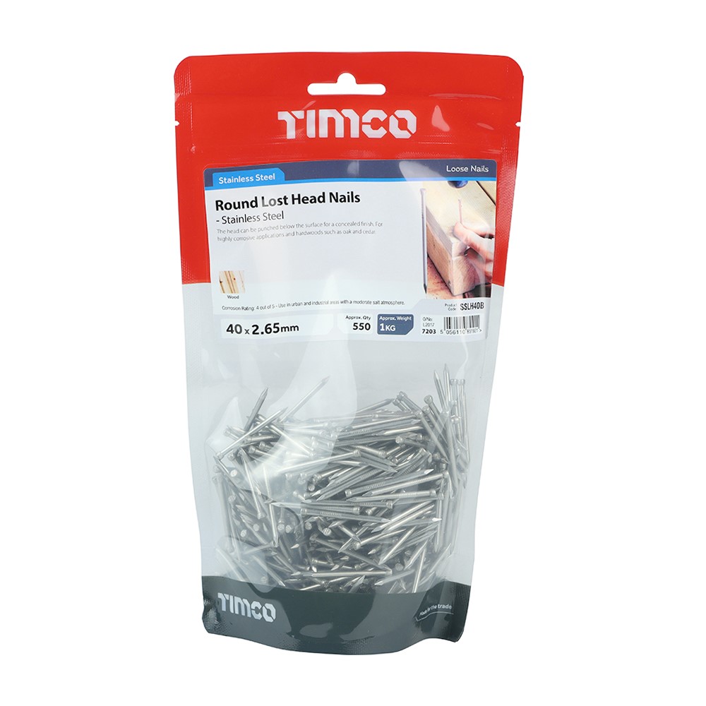 TIMCO Round Lost Head Nails - Stainless Steel 40 x 2.65mm (1kg)