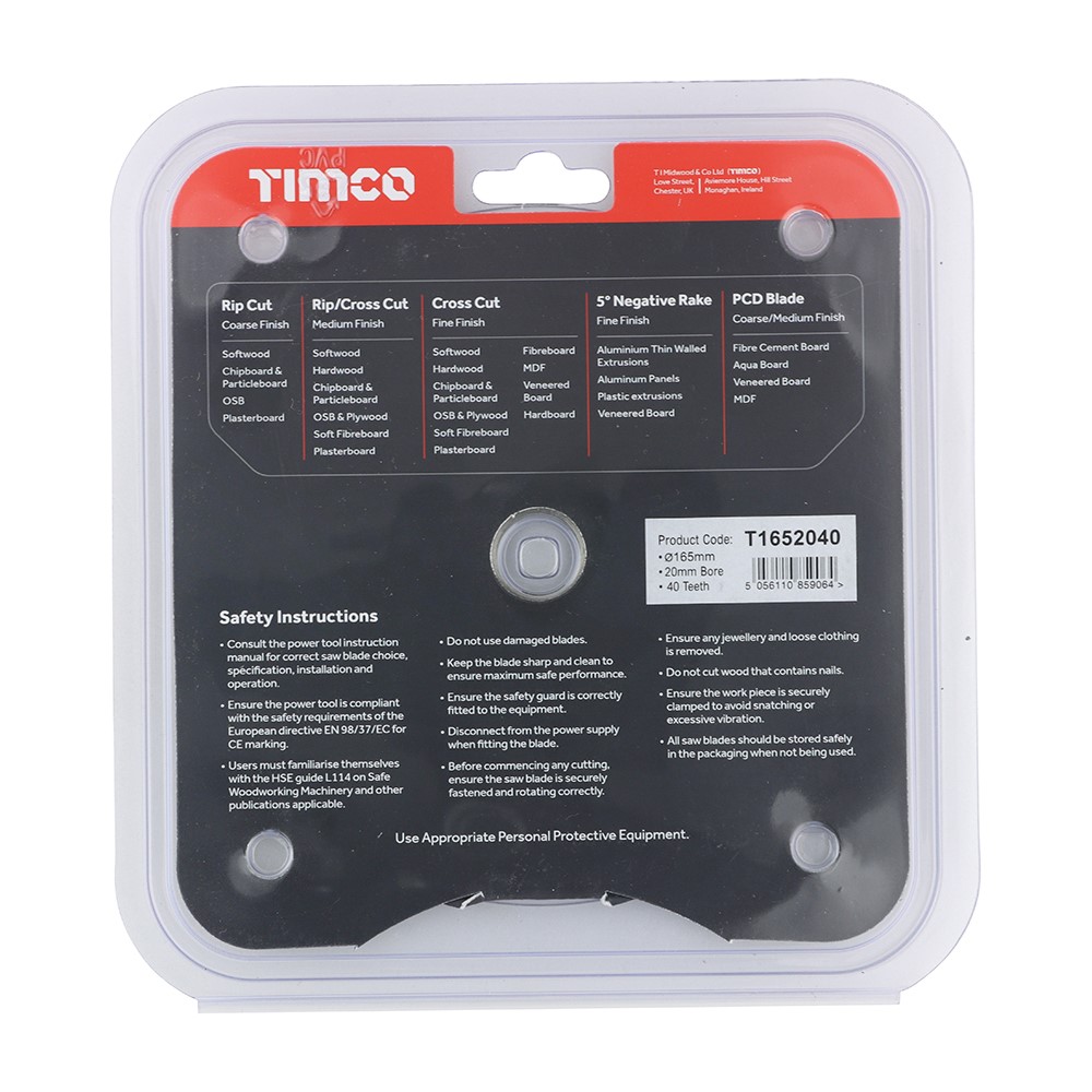 TIMCO Handheld Cordless Circular Saw Blade 165 x 20mm x 40T