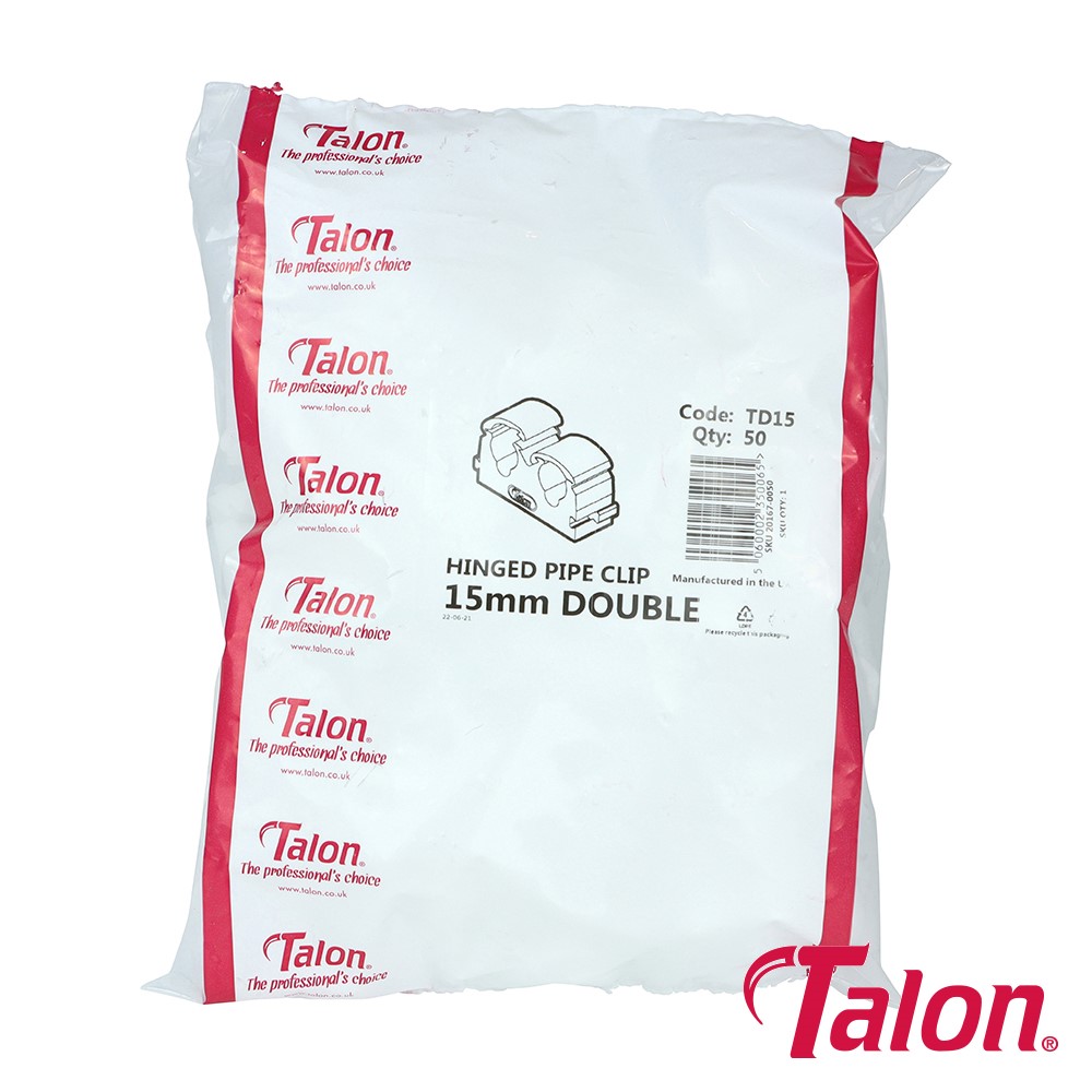 TIMCO Double Hinged Pipe Clip - White - TD15 15mm (50 Bag)