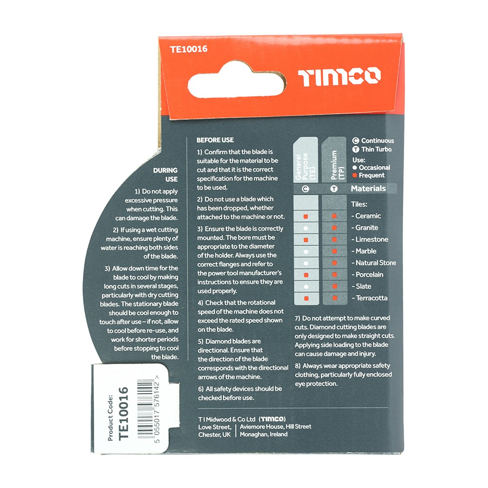 TIMCO General Purpose Tile & Ceramic Diamond Blade - Continuous 100 x 16.0mm