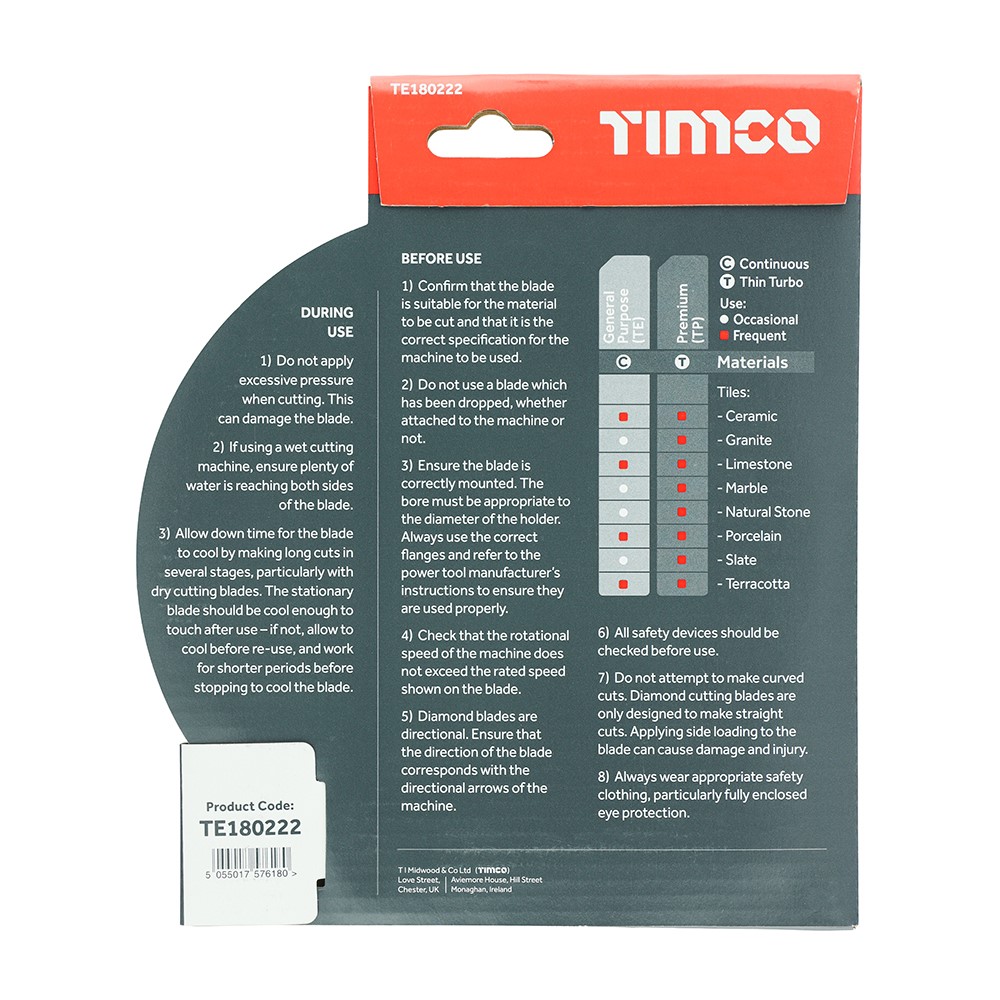 TIMCO General Purpose Tile & Ceramic Diamond Blade - Continuous 180 x 22.2mm