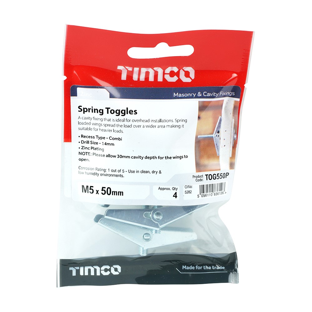 TIMCO Spring Toggles - Zinc M5 x 50mm (4 Pack)
