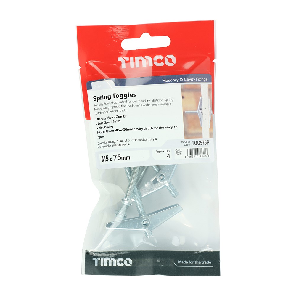 TIMCO Spring Toggles - Zinc M5 x 75mm (4 Pack)
