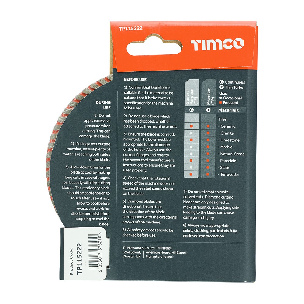 TIMCO Premium Tile & Ceramic Diamond Blade - Thin Turbo 115 x 22.2mm