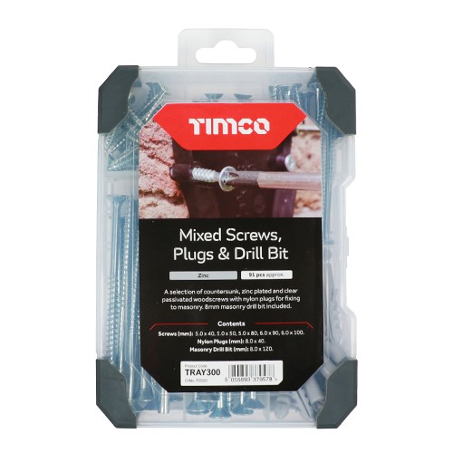 TIMCO Mixed Tray - Screws Plug & Drill Bit - Zinc 251 Pack