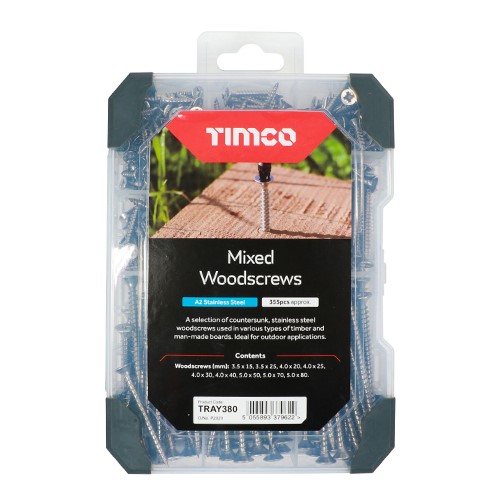 TIMCO Mixed Tray - Woodscrews  A2 Stainless Steel 340 Pack