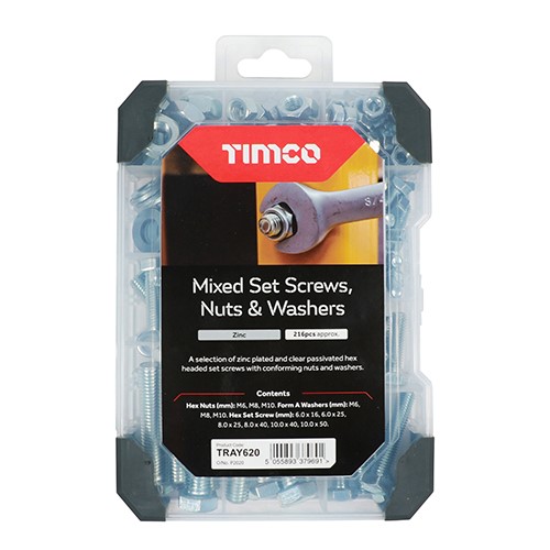TIMCO Mixed Tray - Set Screws Nuts Washers - Zinc 199 Pack