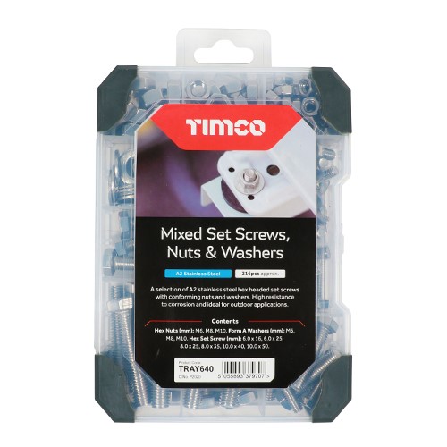 TIMCO Mixed Tray - Set Screws Nuts Washers  A2 Stainless Steel 199 Pack