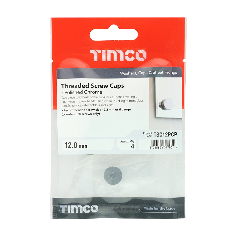 TIMCO Threaded Screw Caps - Solid Brass - Polished Chrome 12mm (4 Pack)