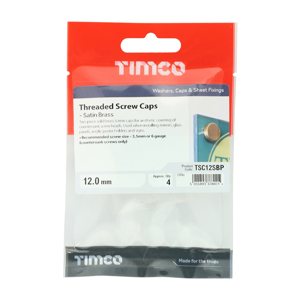 TIMCO Threaded Screw Caps - Solid Brass - Satin 12mm (4 Pack)