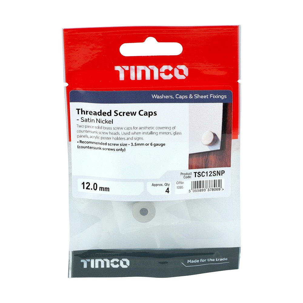 TIMCO Threaded Screw Caps - Solid Brass - Satin Nickel 12mm (4 Pack)