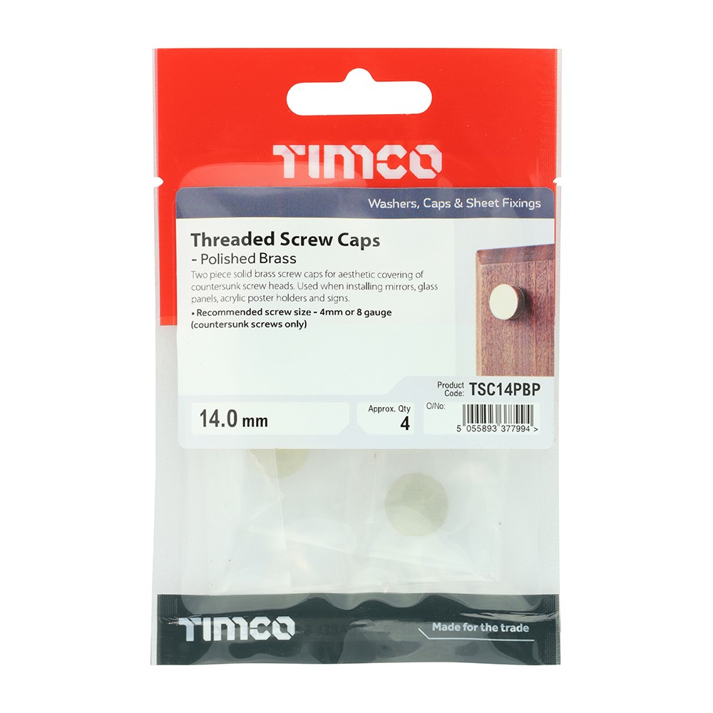 TIMCO Threaded Screw Caps - Solid Brass - Polished Brass 14mm (4 Pack)