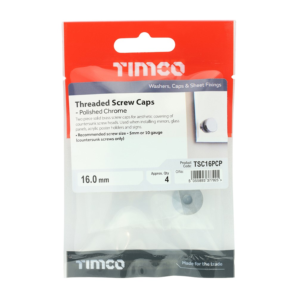TIMCO Threaded Screw Caps - Solid Brass - Polished Chrome 16mm (4 Pack)