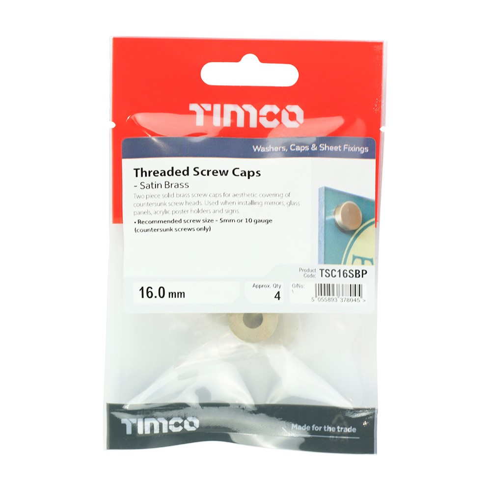 TIMCO Threaded Screw Caps - Solid Brass - Satin 16mm (4 Pack)