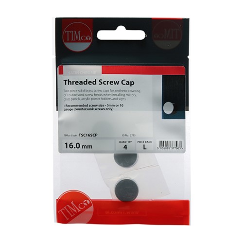 TIMCO Threaded Screw Caps - Solid Brass - Satin Chrome 16mm (4 Pack)