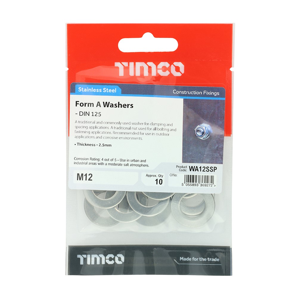 TIMCO Form A Washers - Stainless Steel M12 (10 Pack)