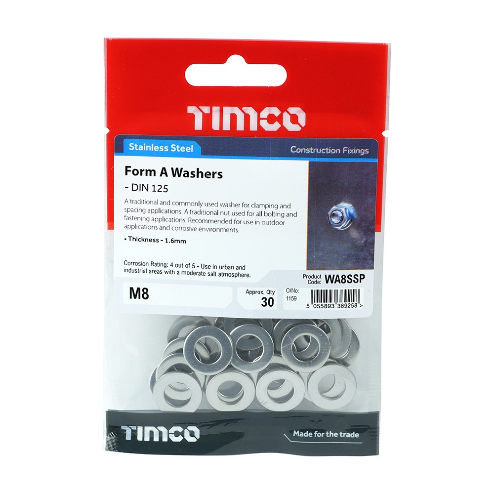 TIMCO Form A Washers - Stainless Steel M8 (30 Pack)