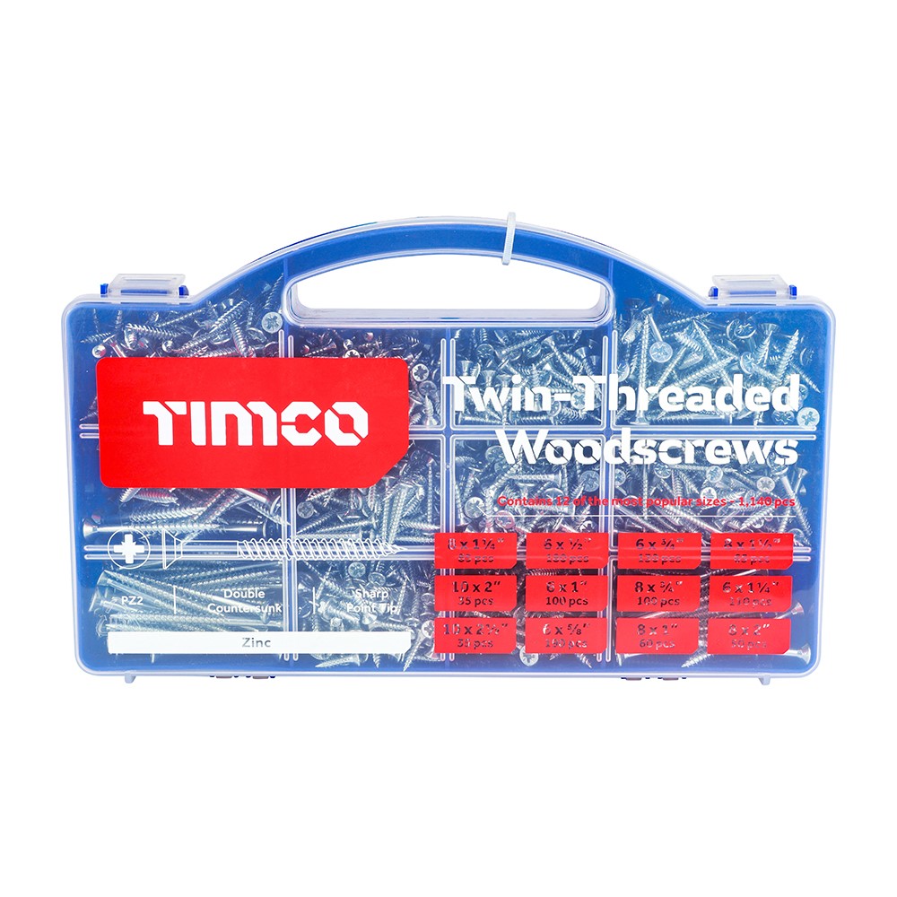 TIMCO Twin-Threaded Woodscrews - Mixed Tray - PZ -Zinc (1140pcs)