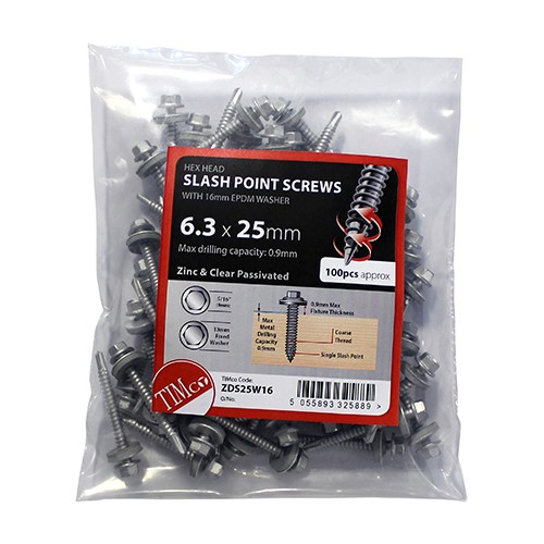 TIMCO Slash Point Screws - Hex - For Timber - Zinc - with EPDM Washer 6.3 x 25mm (100 Bag)